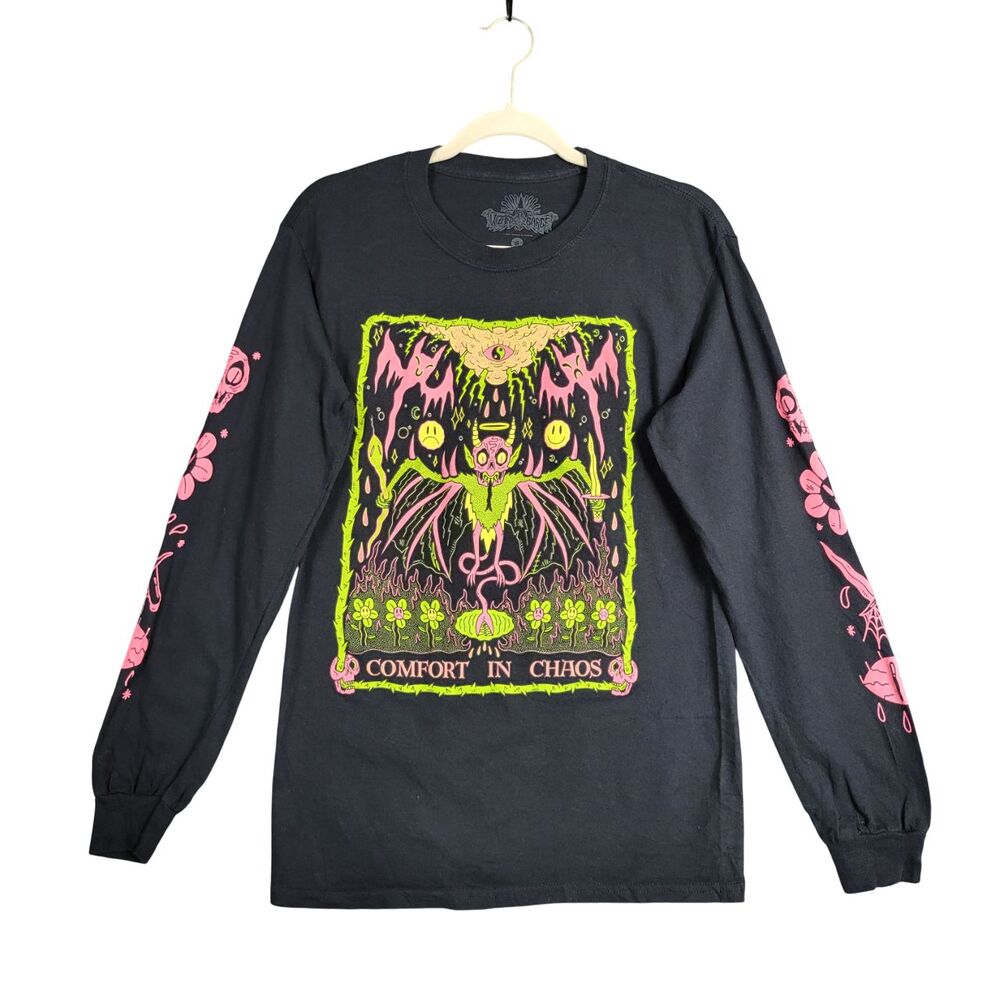 WIZARD OF BARGE Black Comfort In Chaos Psychedelic Street Graphic Tee SIZE SMALL